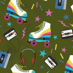 Roller Skates retro walkman and cassette tapes (Olive) - Medium