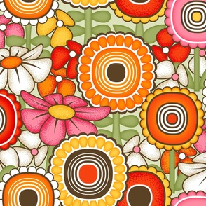 Mid Century Modern (MCM) Flower Garden Bedding // Bright Retro Scandinavian Floral // Dark Brown, Yellow, Red, Pink, Orange, Green, White // JUMBO Scale - 300 DPI