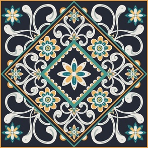 Floral Italian tiles in dark blue and white - BIG SIZE