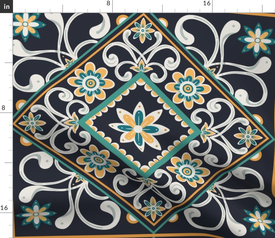 Floral Italian tiles in dark blue and white - BIG SIZE
