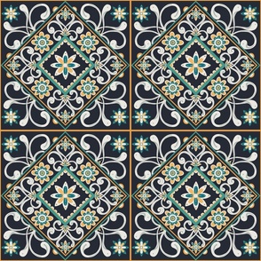 Floral Italian tiles in dark blue and white - SMALL SIZE