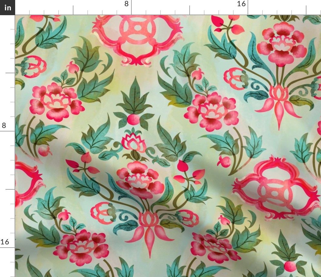 floral vintage damask brimstone mint pink //