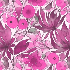 Whimsical Watercolor Flower Pattern In Bright Pink Smaller Scale