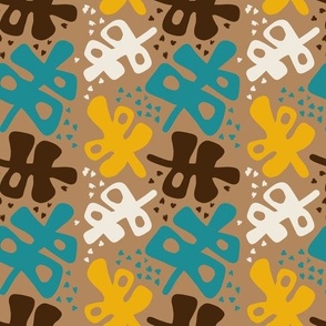 Turquoise, Yellow & Brown Leaves on Beige Background