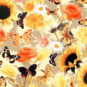 Butterfly Garden with Sunflowers, Roses and Tulips - apricot beige, large