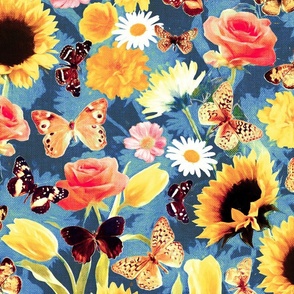 Butterfly Garden with Sunflowers, Roses and Tulips - cobalt, large