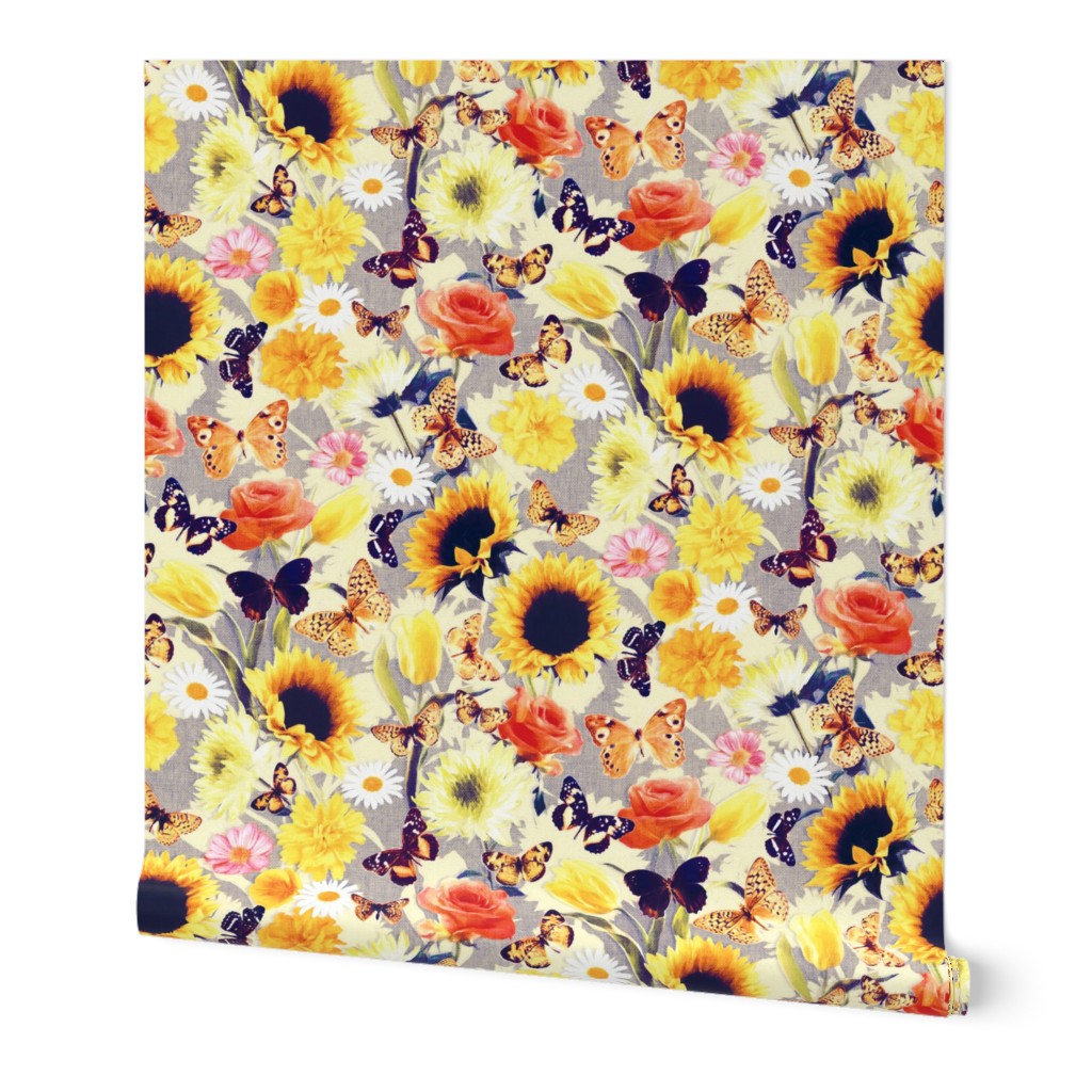 Butterfly Garden with Sunflowers, Roses and Tulips - lemon grey, large