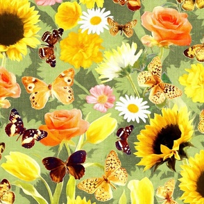 Butterfly Garden with Sunflowers, Roses and Tulips - sage lime, large