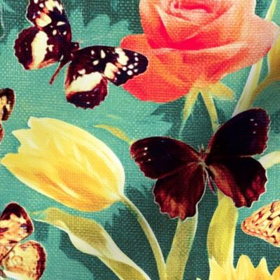 Butterfly Garden with Sunflowers, Roses and Tulips - teal green, large