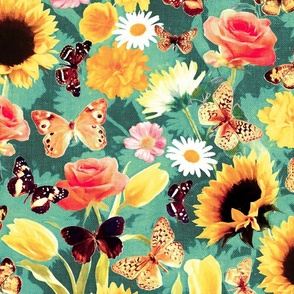 Butterfly Garden with Sunflowers, Roses and Tulips - teal green, large