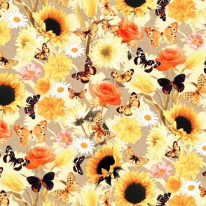 Butterfly Garden with Sunflowers, Roses and Tulips - apricot beige, medium