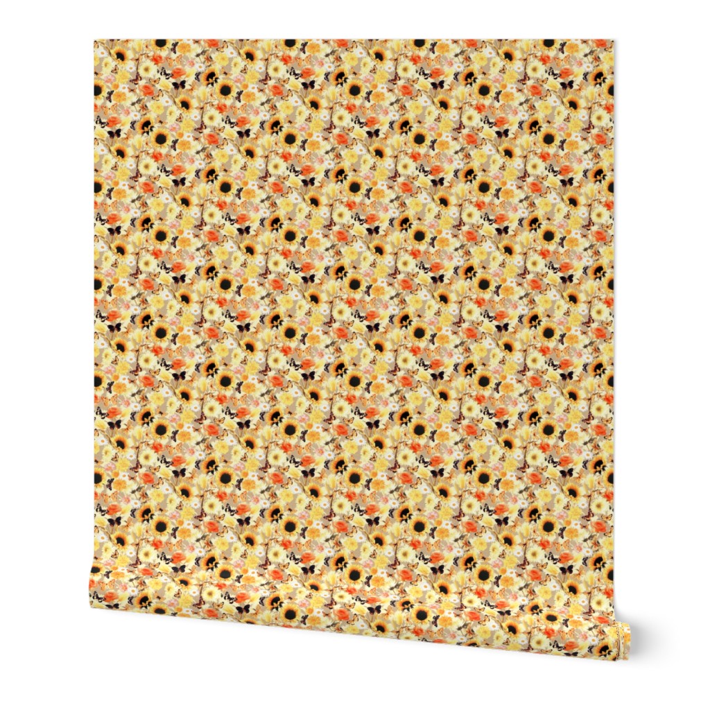 Butterfly Garden with Sunflowers, Roses and Tulips - apricot beige, small