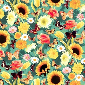 Butterfly Garden with Sunflowers, Roses and Tulips - teal green, medium