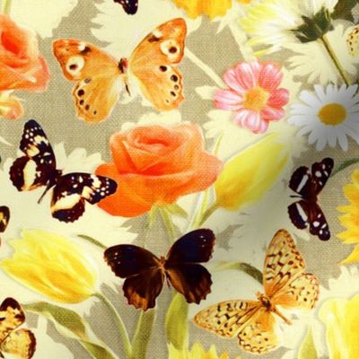 Butterfly Garden with Sunflowers, Roses and Tulips - lemon beige, medium