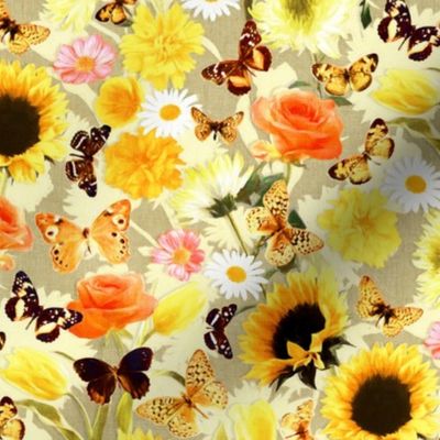 Butterfly Garden with Sunflowers, Roses and Tulips - lemon beige, small 