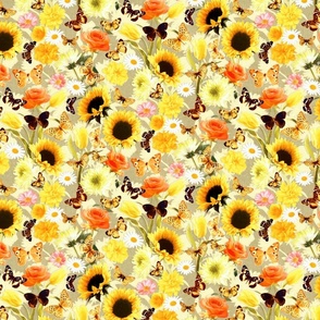 Butterfly Garden with Sunflowers, Roses and Tulips - lemon beige, small 