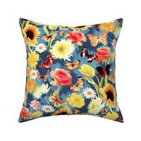 Butterfly Garden with Sunflowers, Roses and Tulips - cobalt, medium