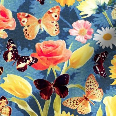 Butterfly Garden with Sunflowers, Roses and Tulips - cobalt, medium