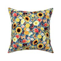 Butterfly Garden with Sunflowers, Roses and Tulips - cobalt, small 