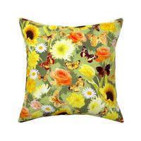 Butterfly Garden with Sunflowers, Roses and Tulips - sage lime, medium 