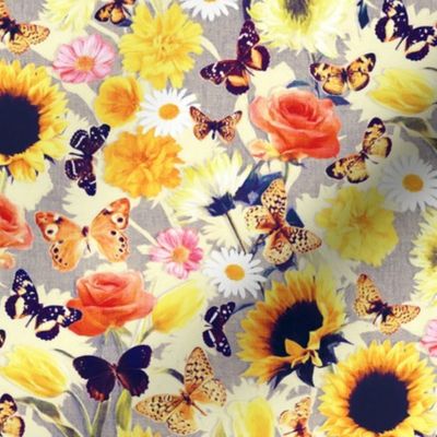 Butterfly Garden with Sunflowers, Roses and Tulips - lemon grey, small