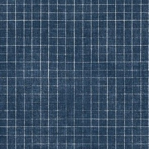 Hand Drawn Checks on Custom Dark Blue (#21384e) | Rustic fabric in dark blue and white, linen texture checked fabric, windowpane fabric, tartan, plaid, grid pattern, squares fabric.