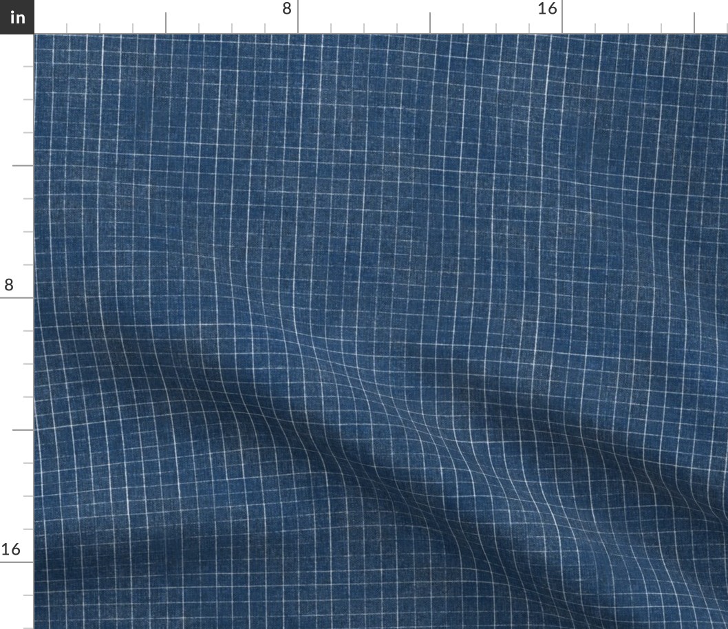 Hand Drawn Checks on Custom Dark Blue (#1e3f63) | Rustic fabric in dark blue and white, linen texture checked fabric, windowpane fabric, tartan, plaid, grid pattern, squares fabric.