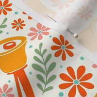 Medium Scale Handbells and Daisies in Orange and Coral on Ivory