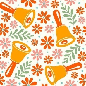 Medium Scale Handbells and Daisies in Orange and Coral on Ivory