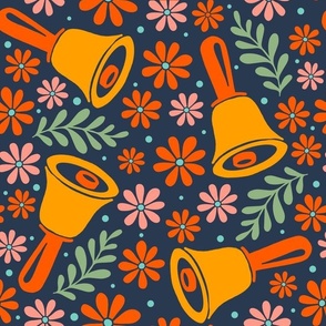 Large Scale Handbells and Daisies in Orange and Coral on Navy