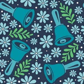 Large Scale Handbells and Daisies in Turquoise and Blue on Navy