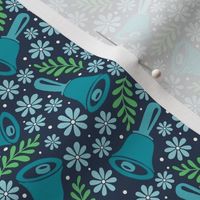 Small Scale Handbells and Daisies in Turquoise and Blue on Navy