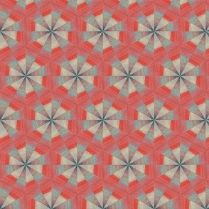 Small Pinwheel in Painted Tan and Denim Blue on Rustic Red