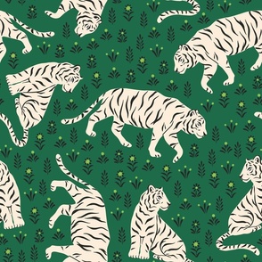 White tigers on dark green