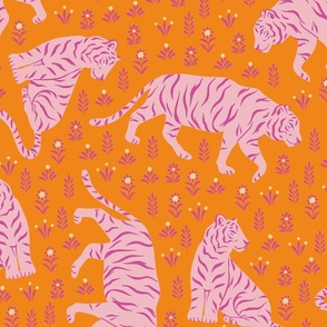 Pink Tigers on Orange Background