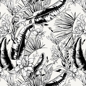 Black and white tropical leaves and flowers