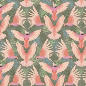 Pastel Parrots and Palm Leafs _ Olive SMALL
