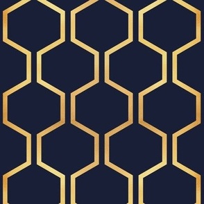 Small scale // Gold queen bee honeycomb // navy blue background golden texture hexagon vertical lines 