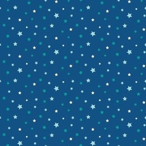 Retro light blue, teal and white ditsy stars on royal blue quilt fabric