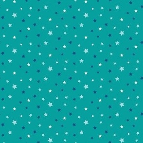 Retro white, light blue and royal blue ditsy stars on teal quilt fabric
