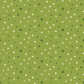 Retro eggshell, white and emerald green ditsy stars on spring green quilt fabric