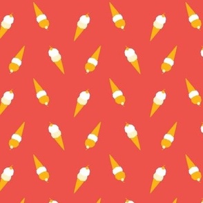 Retro modern ice cream cones with cherries on red quilt fabric