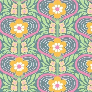 Celebrating Love Through Time: Retro Nouveau Hearts and Garden Flowers in Pink, Yellow, Teal, and Green