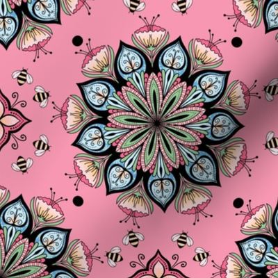 Nature's Harmony: Pink Poppies Mandala with  Buzzing Bees Radial Leaves Mauve Blue
