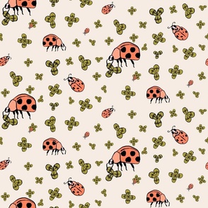 Playful Ladybug and Clover Pattern with Pink Ladybugs and Green Clovers on cream // SMALL