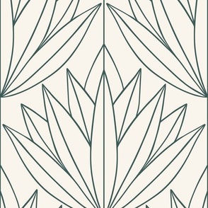 XL Art Deco Lotus Botanical Green Lines on Cream 12in