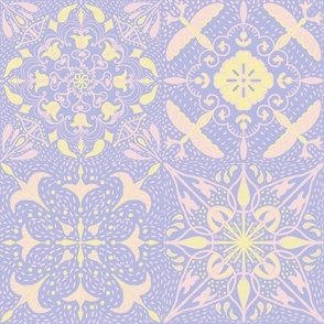 East fork butter and piglet mandala tiles with Shashiko effect on lilac  12”  repeat