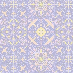 East fork butter and piglet mandala tiles with Shashiko effect on lilac 6” repeat