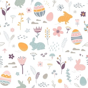 Easter bunny, chicken eggs and hand drawing flowers.