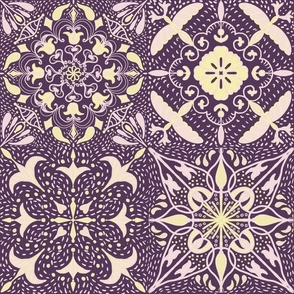 East fork butter and piglet mandala tiles with Shashiko effect on orchid purple  12”  repeat